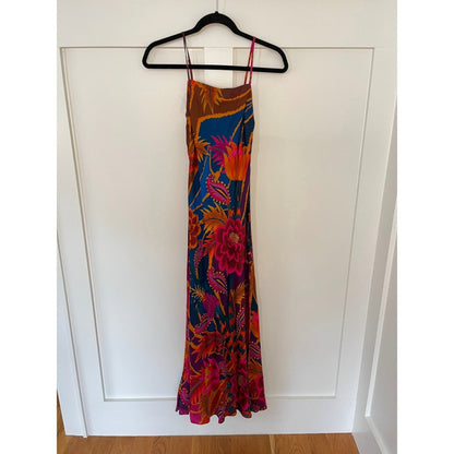 Farm Rio Maxi Dress Tropical Floral Print Spaghetti Strap Silk Blend XS