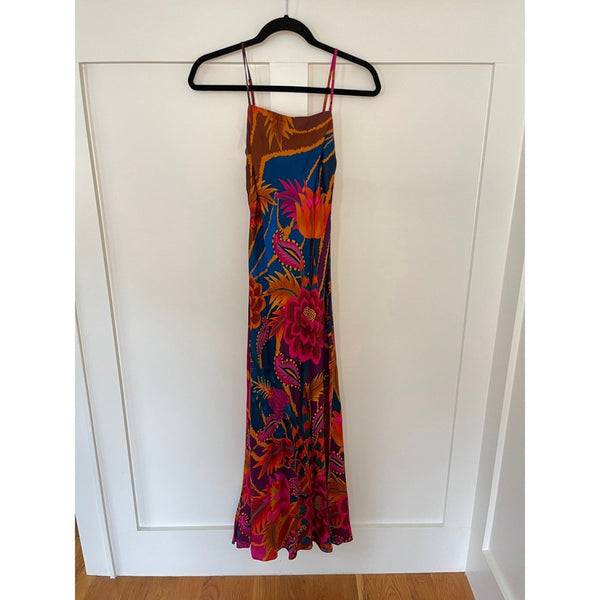 Farm Rio Maxi Dress Tropical Floral Print Spaghetti Strap Silk Blend XS