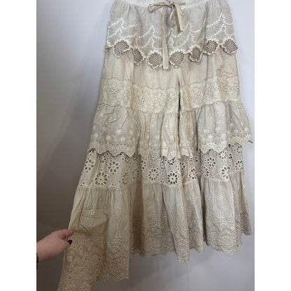 Jaded Gypsy Boho Tiered Eyelet Lace Wide Leg Pants Beige Ruffle Lagenlook Pants