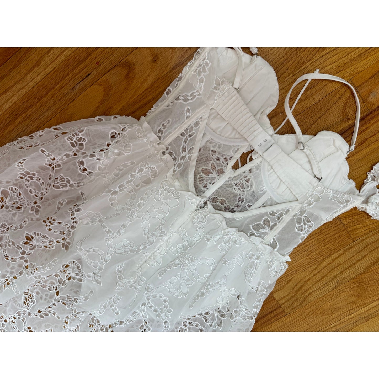 For Love & Lemons Romi Midi Dress in White Small Floral Eyelet Puff Sleeve