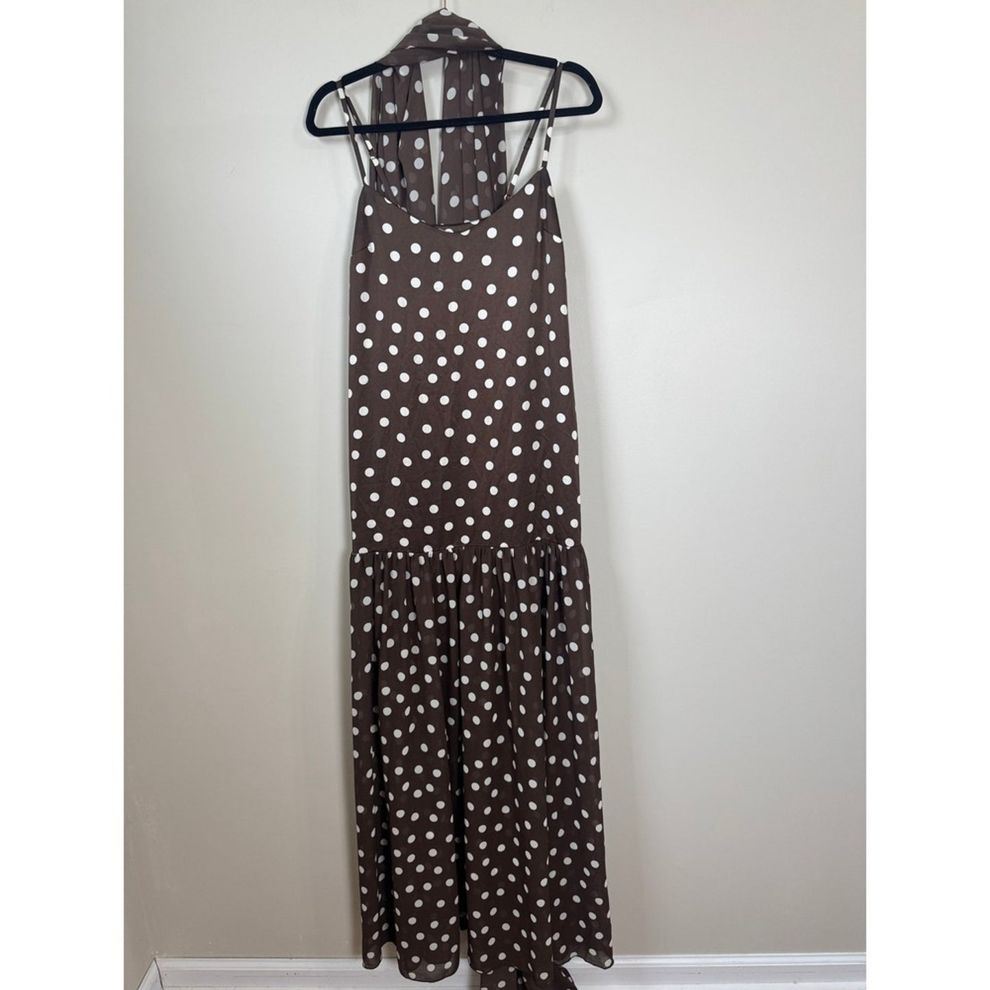 Show Me Your Mumu Brown Polka Dot Maxi Dress with Scarf XS Drop Waist Tiered