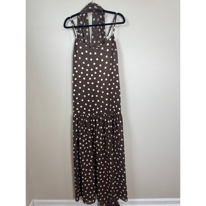 Show Me Your Mumu Brown Polka Dot Maxi Dress with Scarf XS Drop Waist Tiered