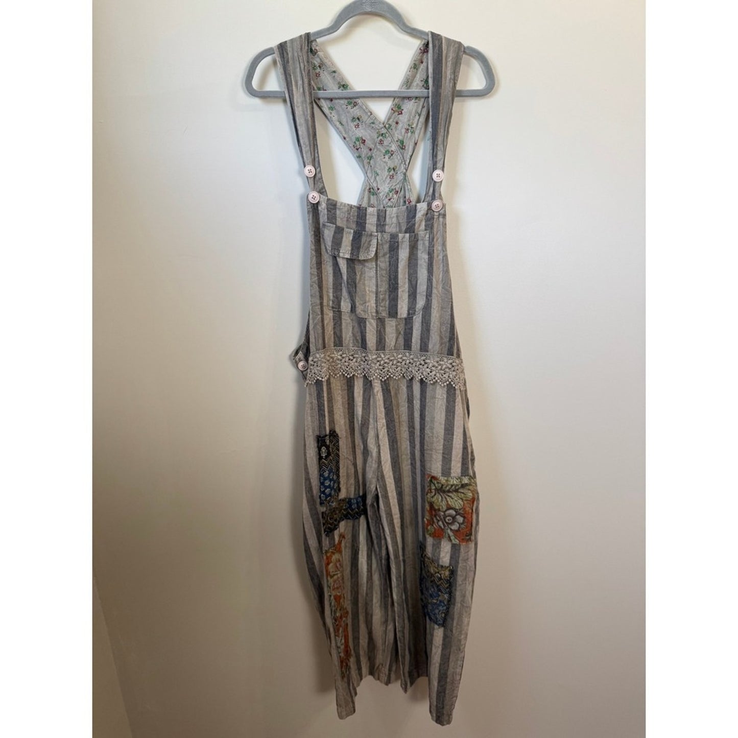 Jaded Gypsy Boho Patchwork Striped Overalls Grey White Lace Trim Slouchy Womens