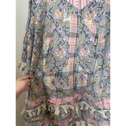 Jaded Gypsy Floral Patchwork Peace Sign Boho Duster Cardigan Blue Pink Fringe