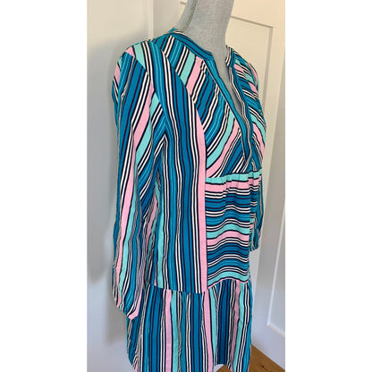 Marie Oliver Shift Dress in Blue Multi Striped Small Long Sleeve V-Neck Silk