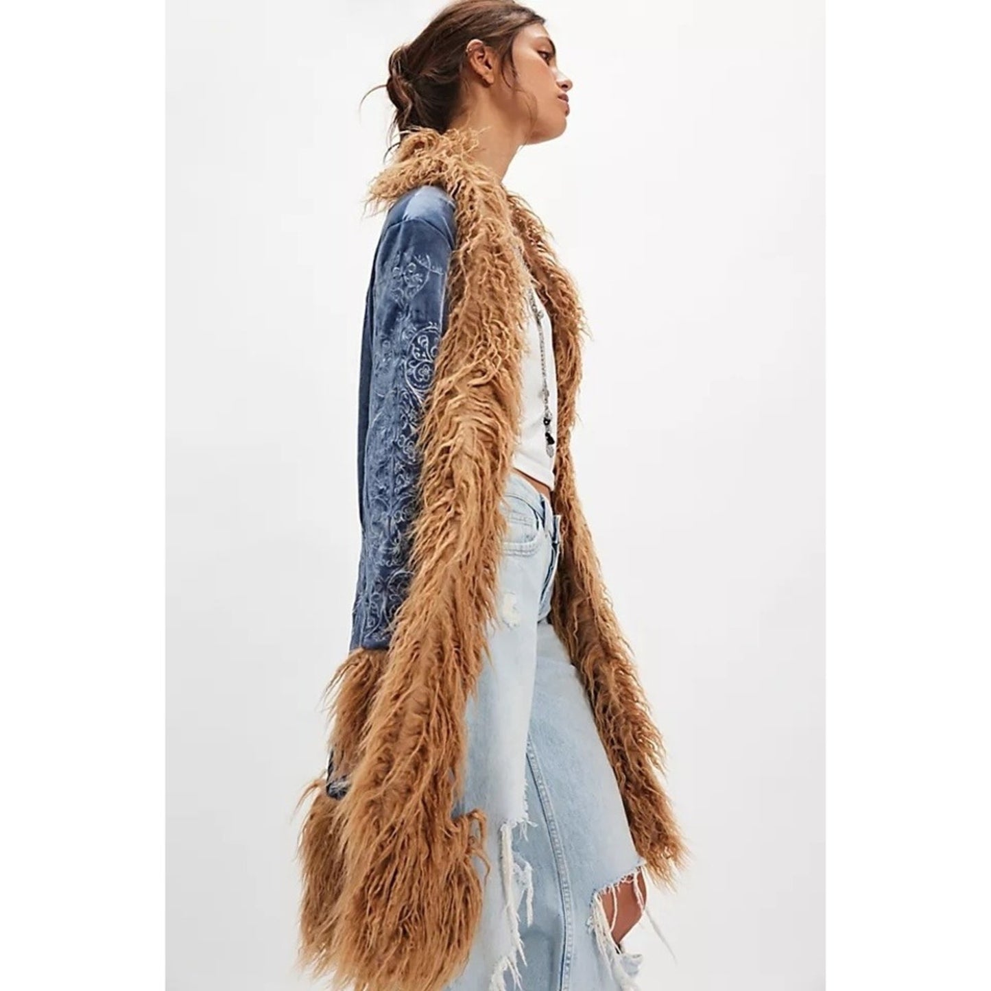 Free People Moon Glow Velvet Coat Blue Tan Embroidered Faux Fur Trim Medium NEW