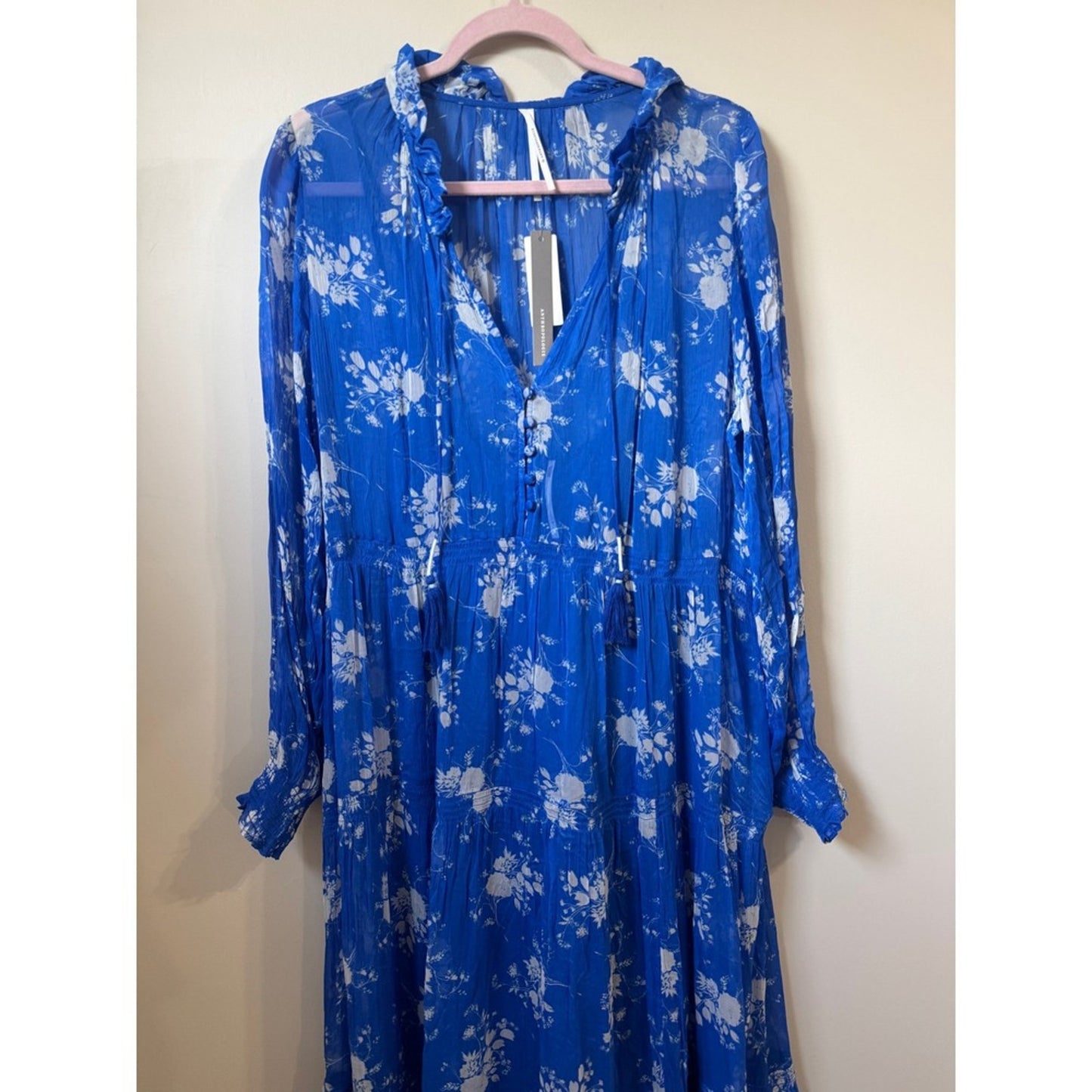 Anthropologie Blue Floral Tiered Maxi Dress Long Sleeve Ruffle V-Neck Boho NWT