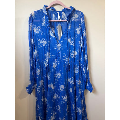 Anthropologie Blue Floral Tiered Maxi Dress Long Sleeve Ruffle V-Neck Boho NWT