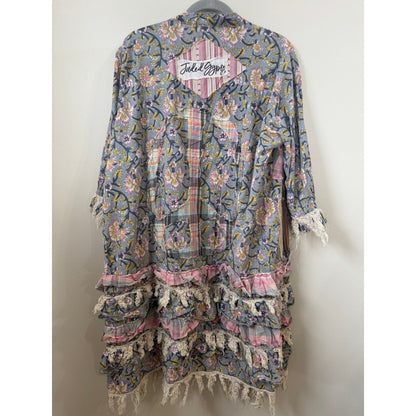 Jaded Gypsy Floral Patchwork Peace Sign Boho Duster Cardigan Blue Pink Fringe