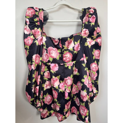 House of CB Black Pink Floral Satin Puff Sleeve Mini Dress Size L Rose Print