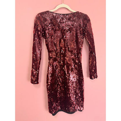Dress The Population‎ Lola Long Sleeve Red Sequin Mini Dress Size XS