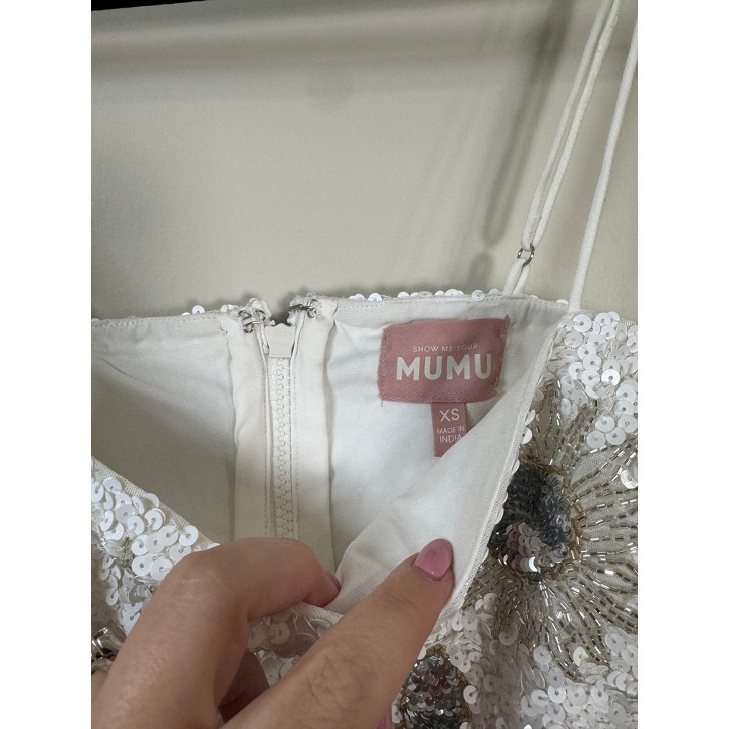 Show Me Your Mumu Celestial Sequin Crop Top White XS Sun Moon Beaded Camisole