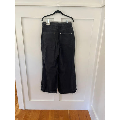 Free People Wide Leg Cargo Pants Black Denim Elastic Waist M
