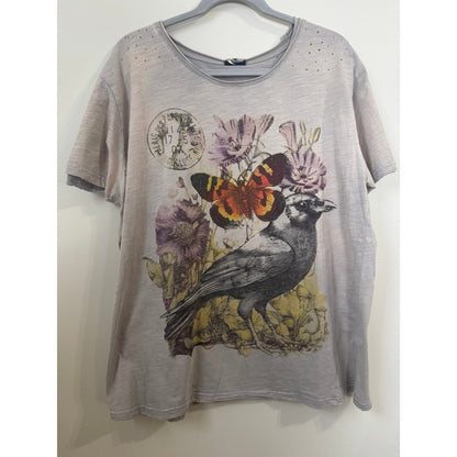 Jaded Gypsy Distressed Graphic Tee Bird Butterfly Boho Grey Short Sleeve T-Shirt