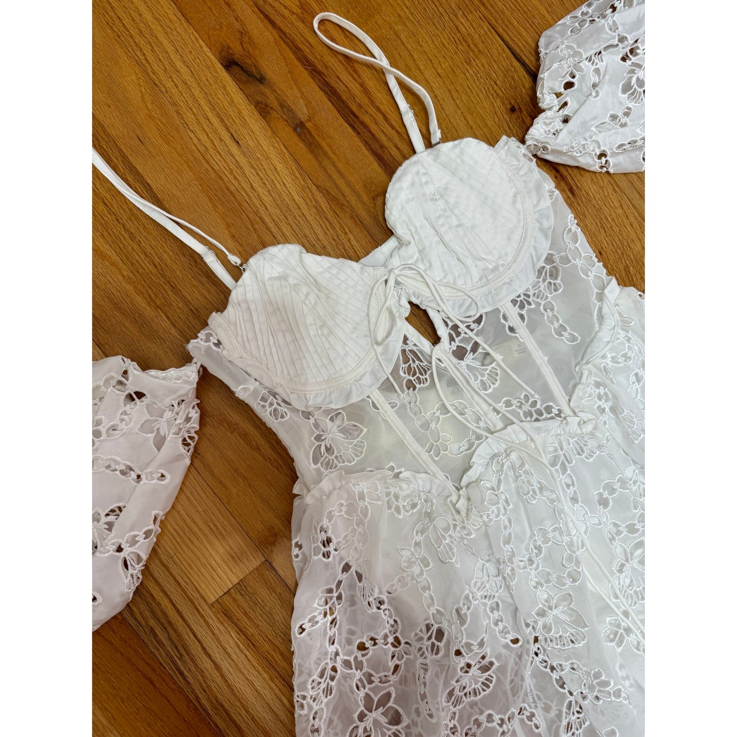 For Love & Lemons Romi Midi Dress in White Small Floral Eyelet Puff Sleeve