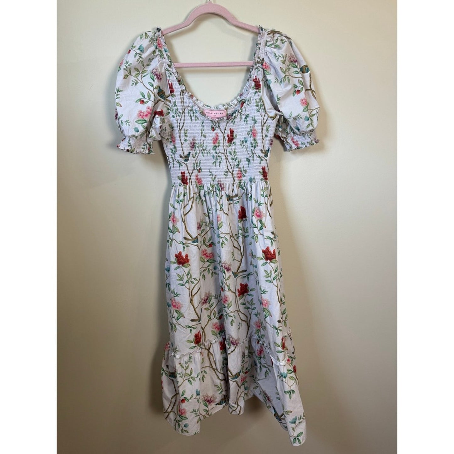 Hill House Home x Diane Hill Anjuli Nap Dress Floral Bird Smocked Midi Medium