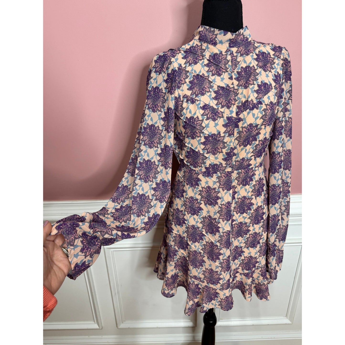 For Love & Lemons Clover Mini Dress in Lilac Print Small Long Sleeve Backless
