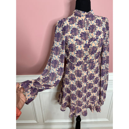 For Love & Lemons Clover Mini Dress in Lilac Print Small Long Sleeve Backless