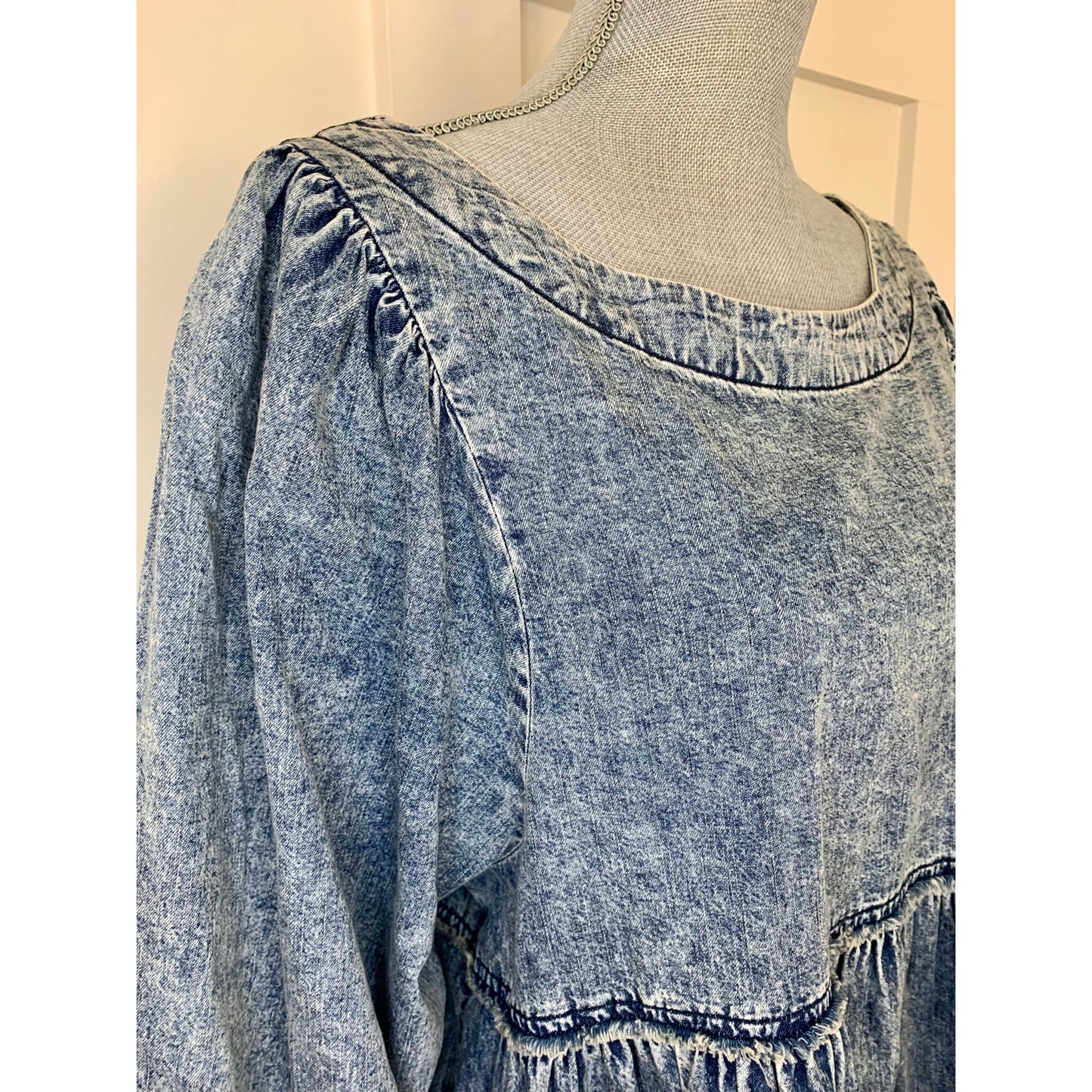 Free People Get Obsessed Denim Baby Doll Dress in Blue Medium 3/4 Sleeve Cotton