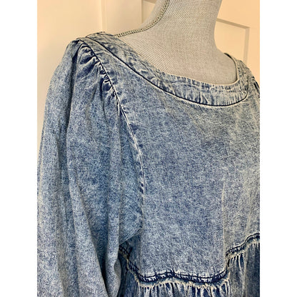 Free People Get Obsessed Denim Baby Doll Dress in Blue Medium 3/4 Sleeve Cotton