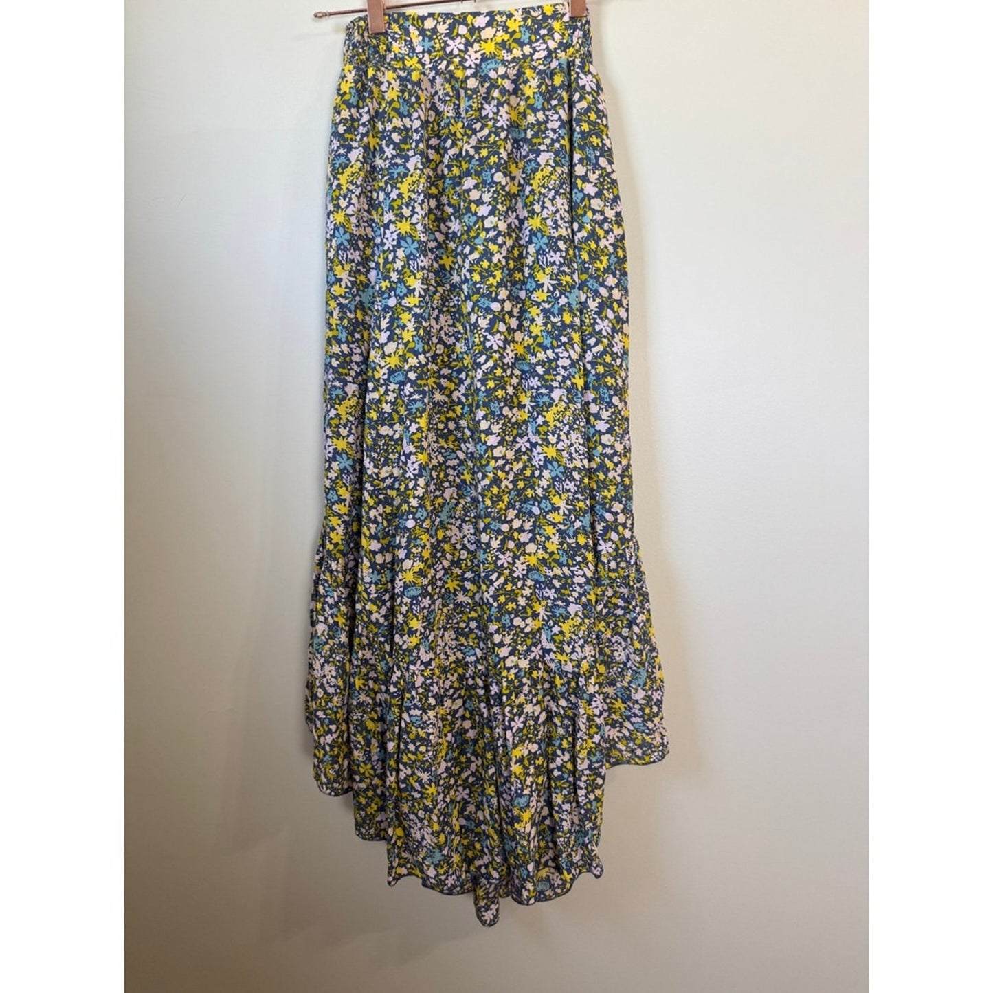 Free People Floral Two Piece Set Crop Top High Low Maxi Skirt XS Navy Yellow