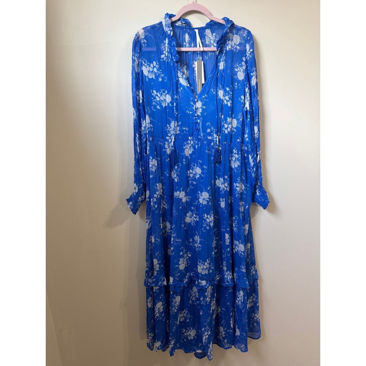 Anthropologie Blue Floral Tiered Maxi Dress Long Sleeve Ruffle V-Neck Boho NWT