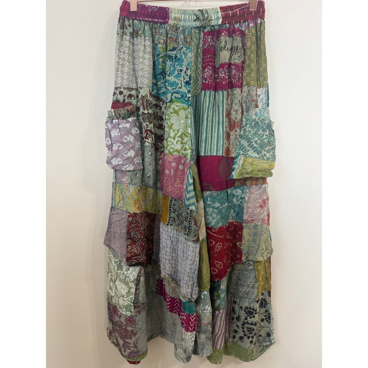 Jaded Gypsy Patchwork Wide Leg Cargo Pants Boho Festival Multi Color One Size