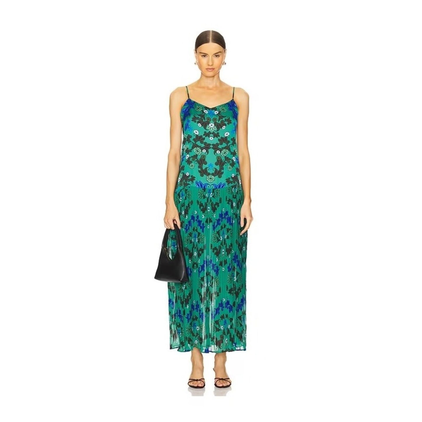 Agua Bendita Pleated Floral Maxi Dress Spaghetti Strap Green Blue M