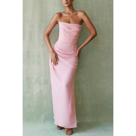House of CB Adrienne Rose Pink Strapless Draped Ruched Maxi Dress Size XS
