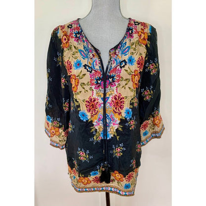 Tolani Tunic Top Black Floral Print Small Pullover Long Sleeve‎ V-Neck Tie Front