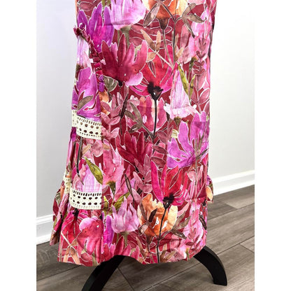Isla & White Berta Summer Floral Caribbean Midi Skirt in Pink Multi Medium Lined