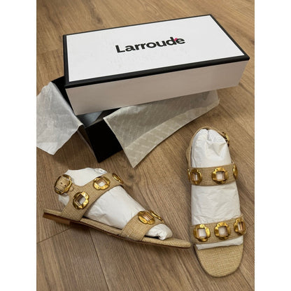 Larroude Womens Raffia Flat Sandals Gold Hardware Slingback Beige 6.5