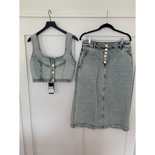 Elliatt Marion Set in Light Blue Large Denim Button Front Cropped Top Midi Skirt