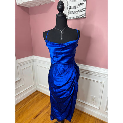Amanda Uprichard Jasalina Dress in Branson Blue Large Satin Backless Cross Strap