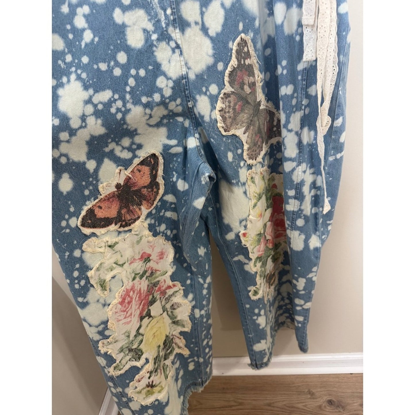 A Rare Bird Shop Custom Denim Overalls Acid Wash Floral Butterfly Lace Heart OS