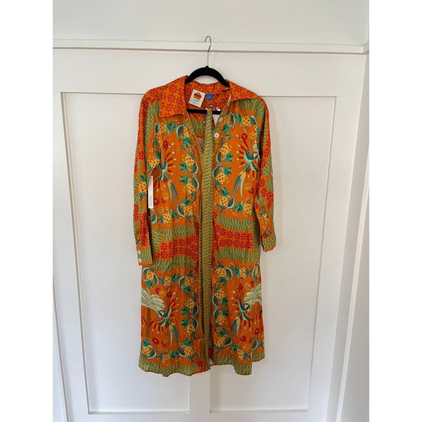 Farm Rio Multicolor Tropical Bird Print Button Front Shirt Dress Midi Belted