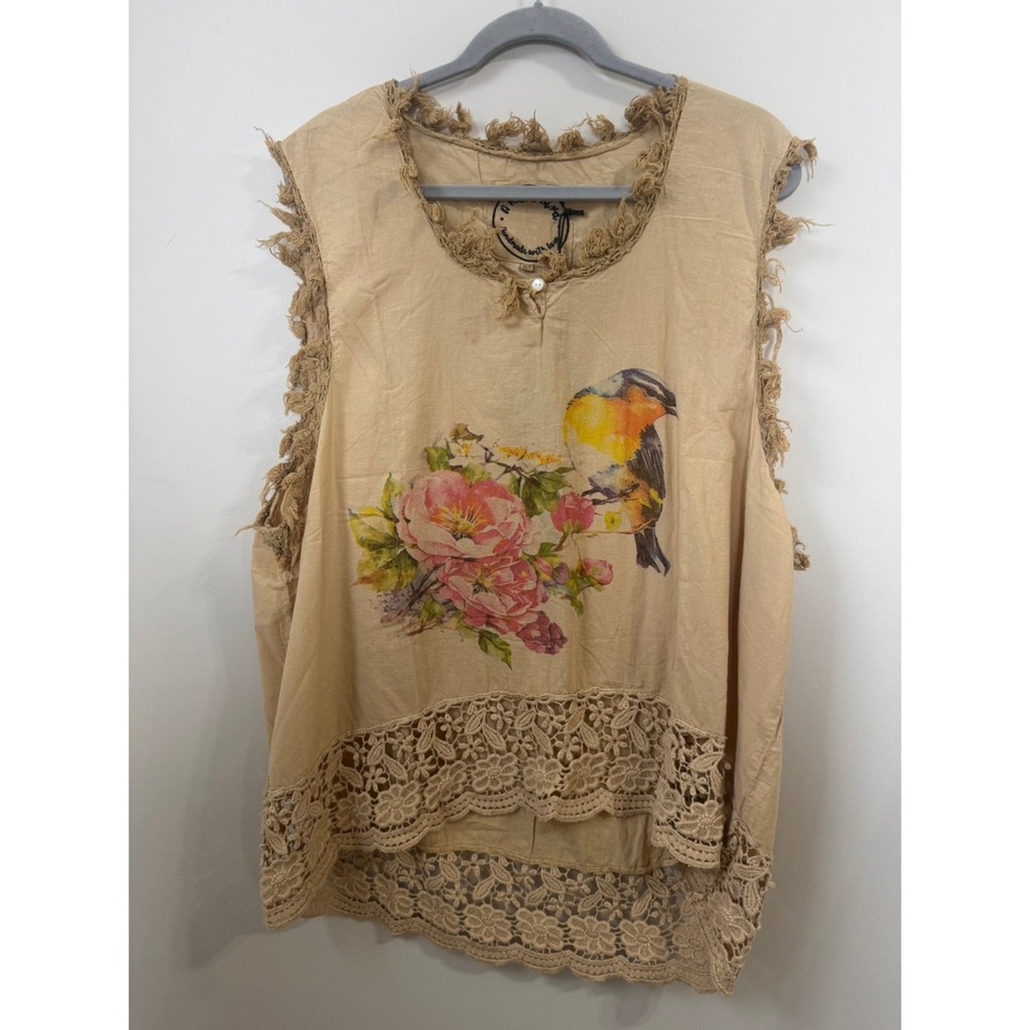 A Rare Bird Tan Bird Floral Butterfly Crochet Lace Trim Frayed Boho Top