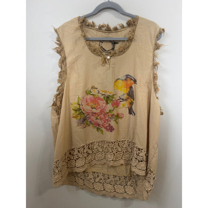 A Rare Bird Tan Bird Floral Butterfly Crochet Lace Trim Frayed Boho Top
