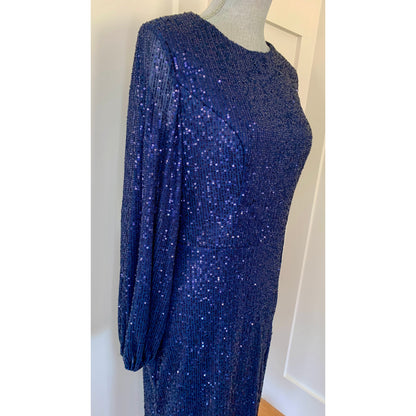 Mac Duggal Ieena Long Sleeve Sequin Midi Dress Midnight Size 10 Side Slit Lined