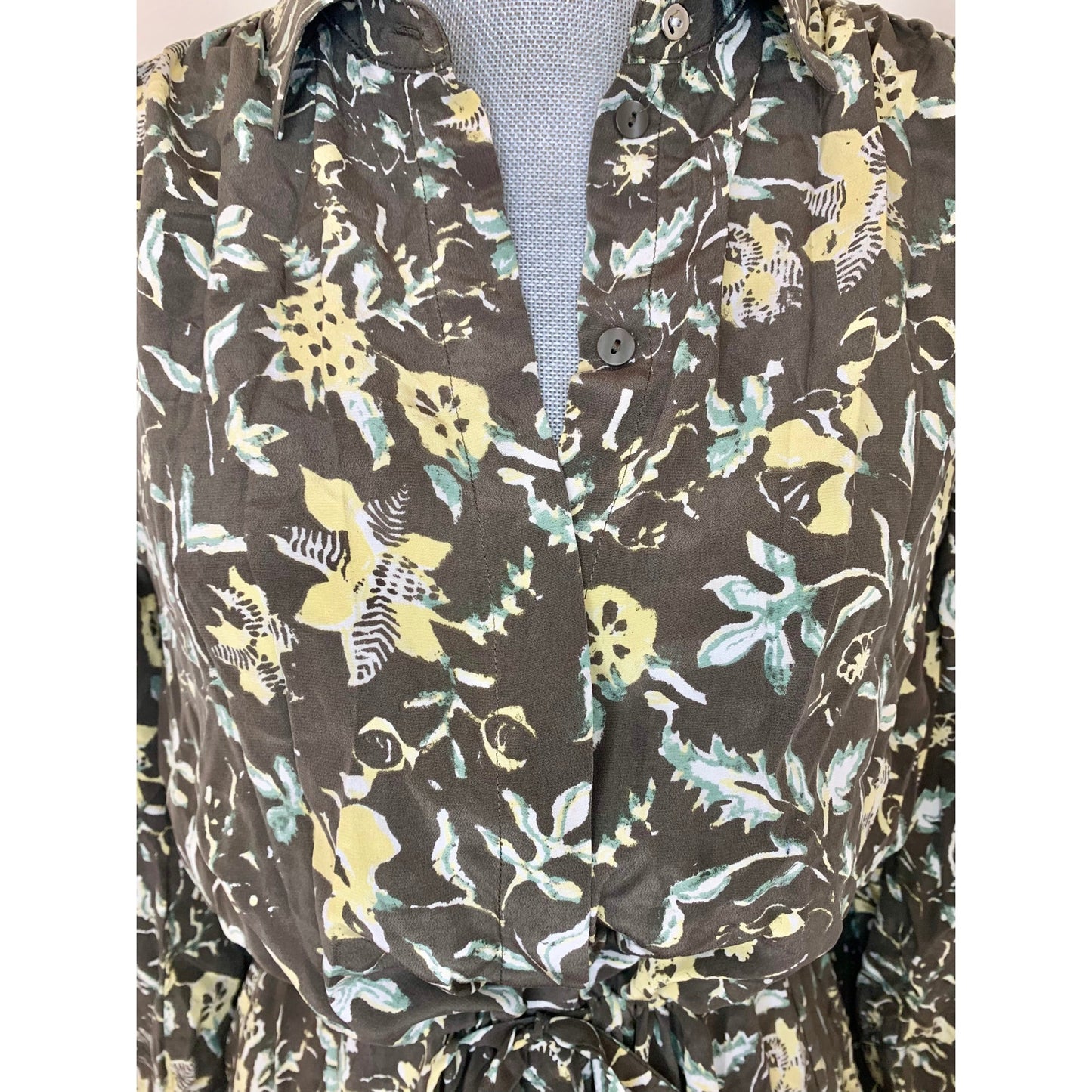 Club Monaco Midi Shirtdress in Brown Floral Medium Long Sleeve Button Front Silk