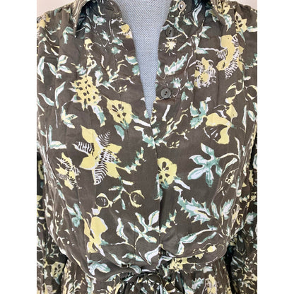Club Monaco Midi Shirtdress in Brown Floral Medium Long Sleeve Button Front Silk