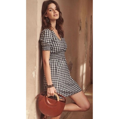 Sezane Black White Gingham Smocked Waist V-Neck Mini Dress Short Puff Sleeve 42