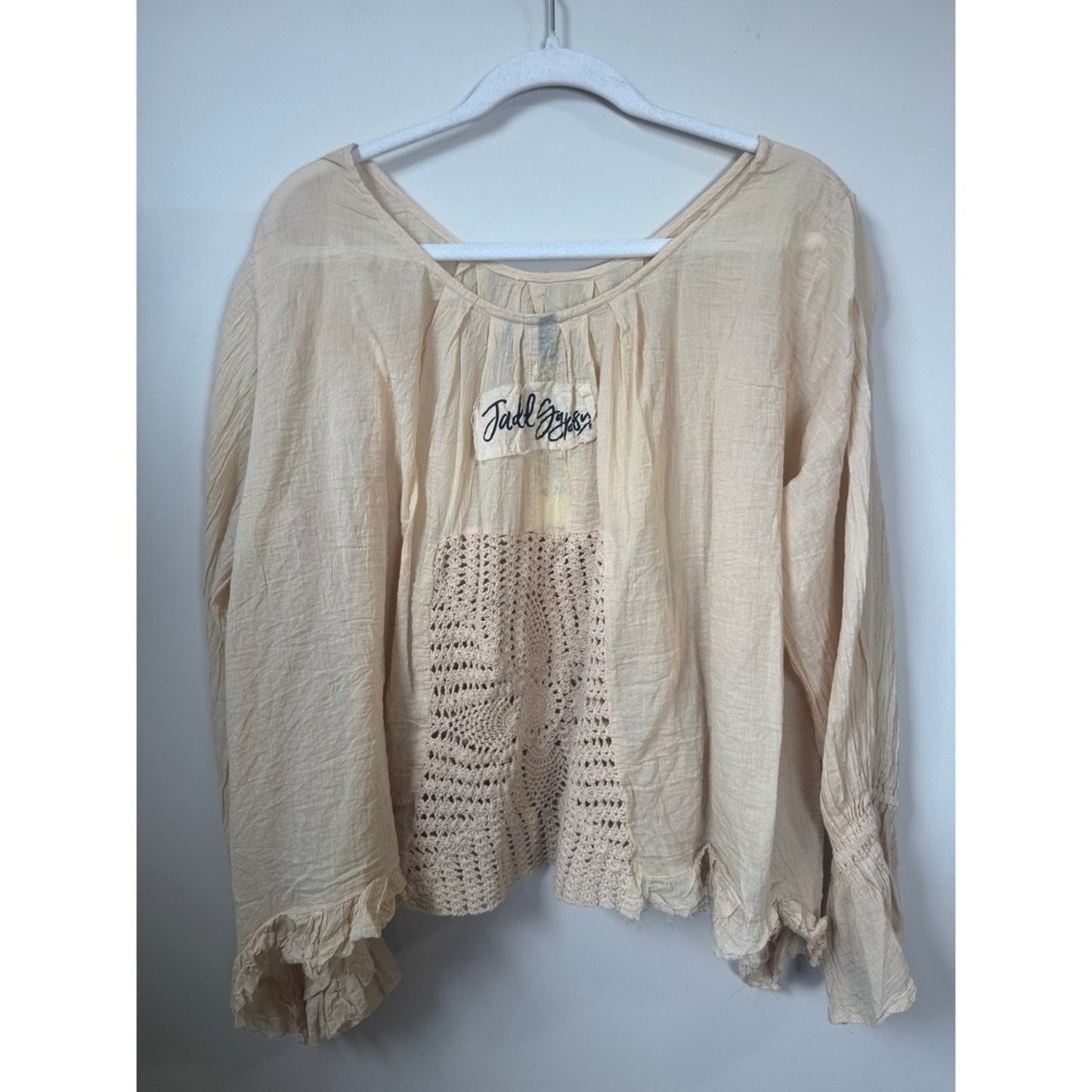 Jade Gypsy Boho Crochet Lace Gauze Peasant Blouse Bell Sleeve Cream Top Womens