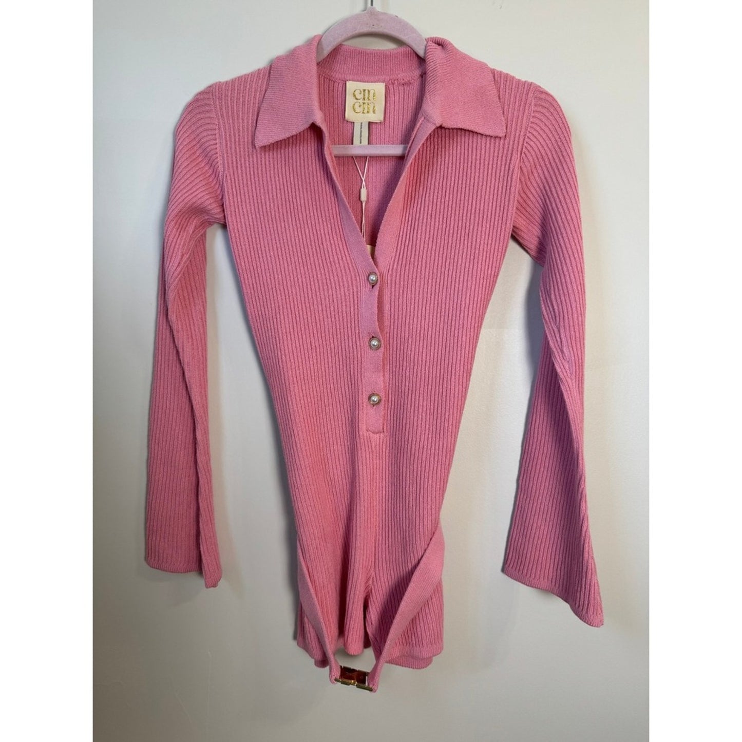 CIN CIN Pink Ribbed Knit Button Front Long Sleeve Belted Romper Size Small