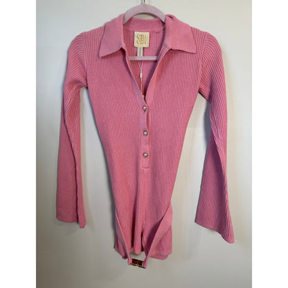 CIN CIN Pink Ribbed Knit Button Front Long Sleeve Belted Romper Size Small