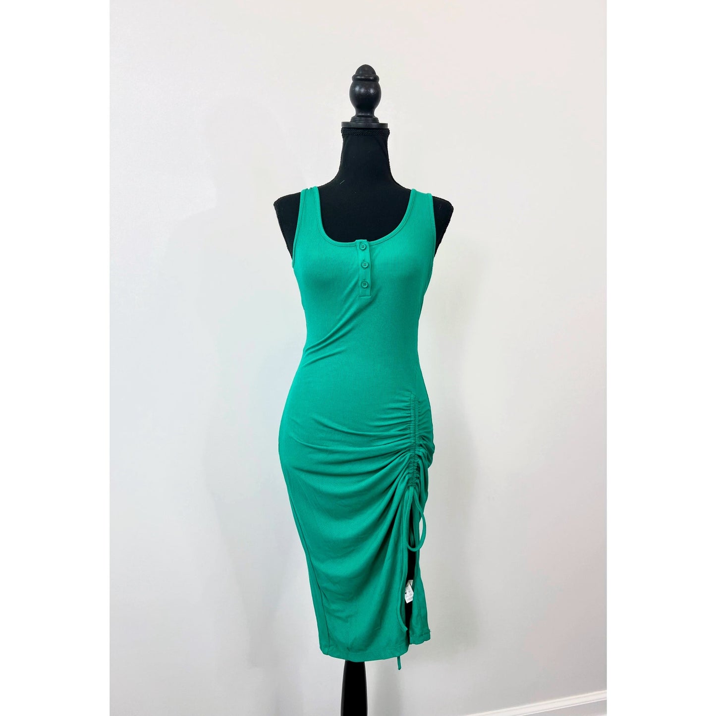 Halara U Neck Bodycon Midi Dress in Vivid Green Small Sleeveless Ruched Ribbed