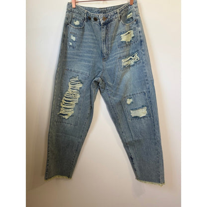 Jaded Gypsy Distressed Patchwork Relaxed Fit Jeans Light Wash Blue O/S NWT