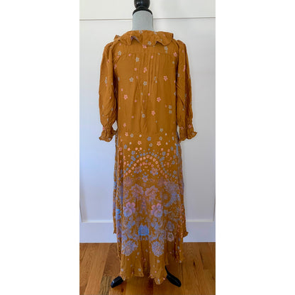 Free People Talsey Boho Floral Peasant Ruffled in Gold Small Floral 3/4 Sleeve