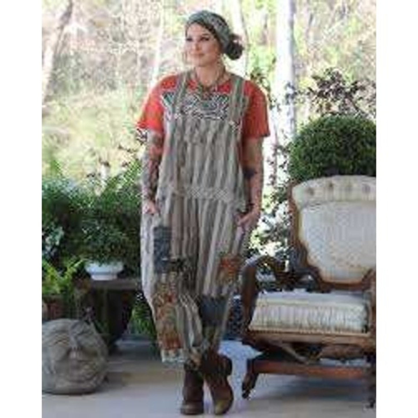Jaded Gypsy Boho Patchwork Striped Overalls Grey White Lace Trim Slouchy Womens (Copy)