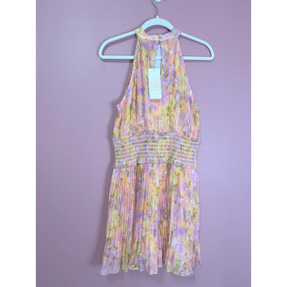 Rococo Sand Faye High Neck Floral Print Pleated Mini Dress Size Large